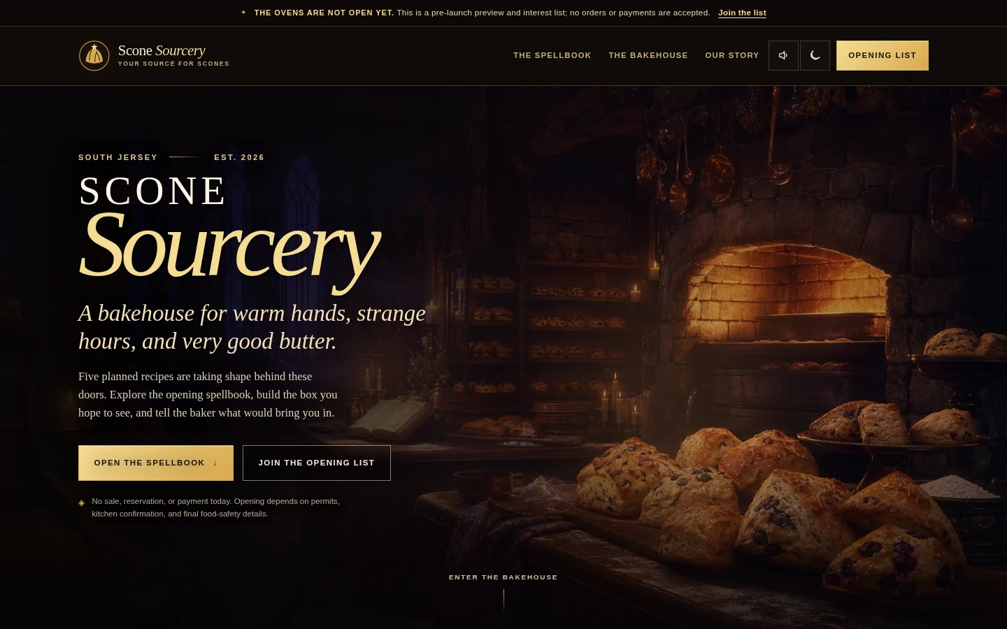A nocturne Scone Sourcery art direction with a candlelit bakehouse and dramatic gold typography.