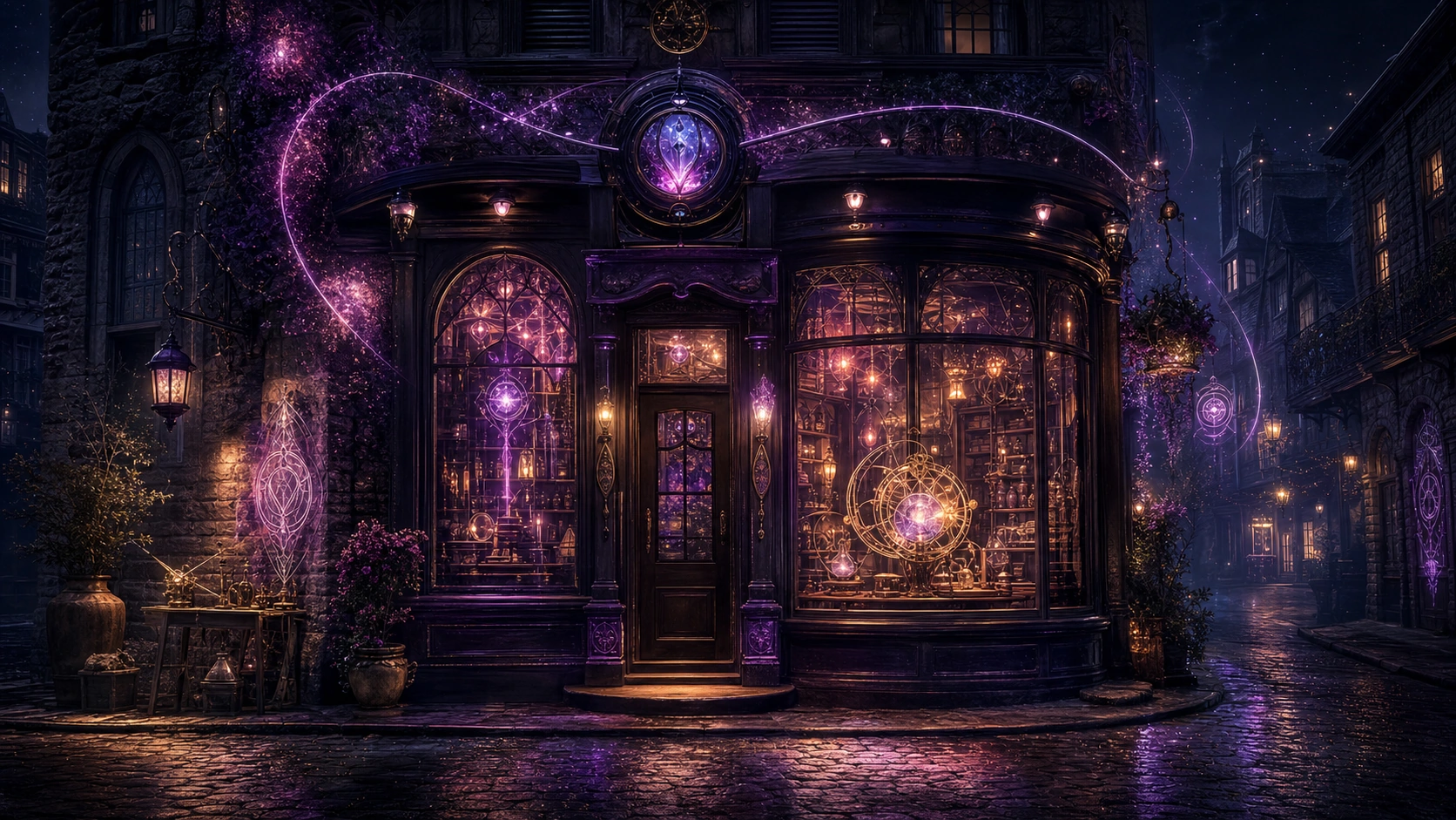 Illustration of a glowing workshop opening onto a main street of small businesses