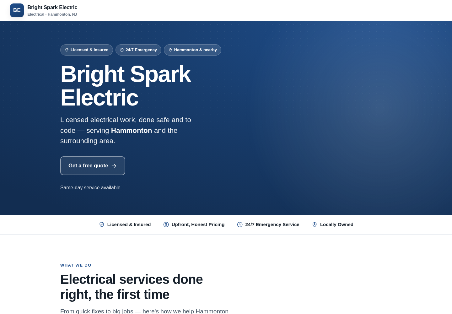 A fictional electrician homepage with a crisp blue field, prominent service facts, and a direct quote action.