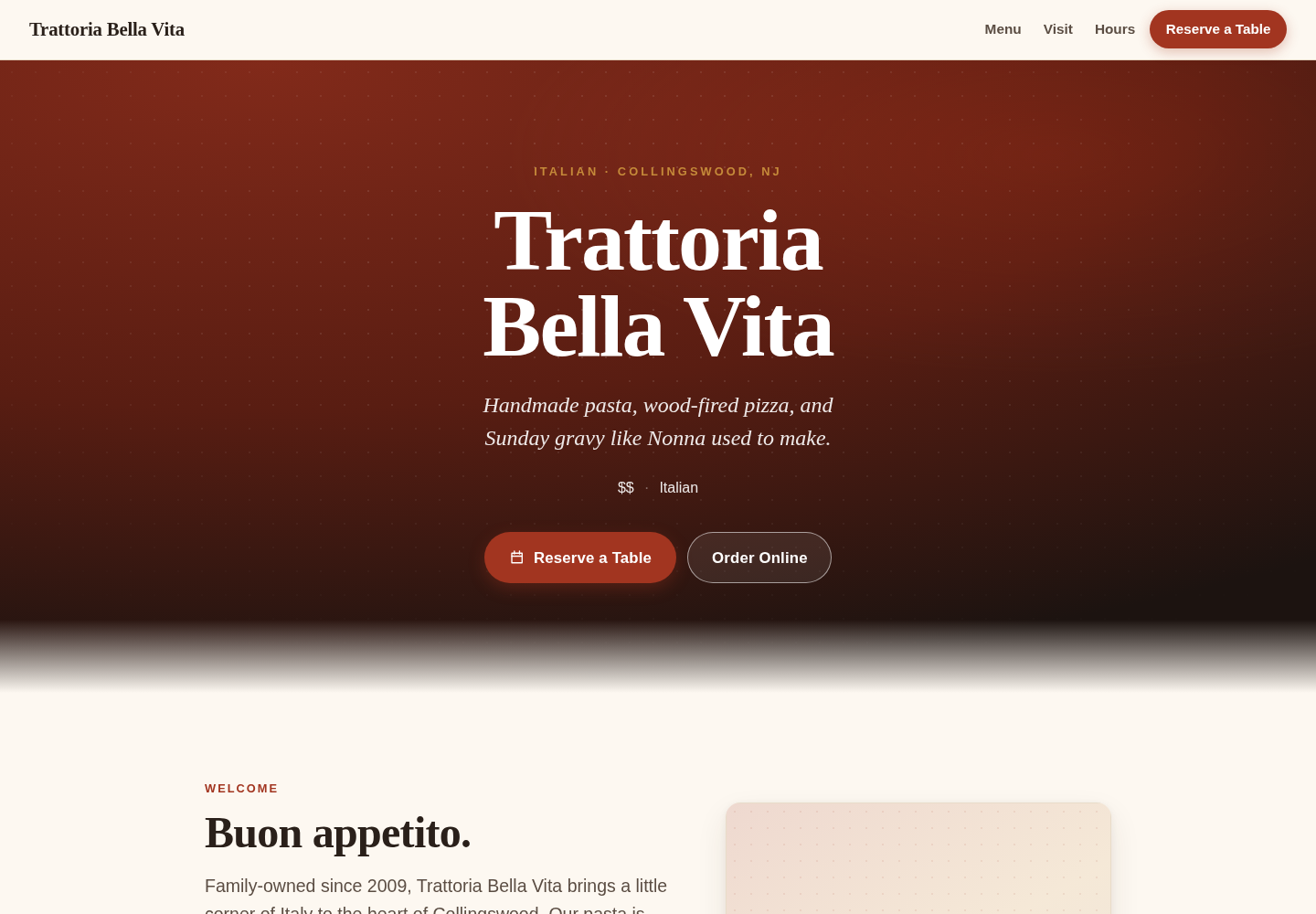 A fictional Italian restaurant homepage with editorial cream typography, a deep red hero, and prominent reservation actions.