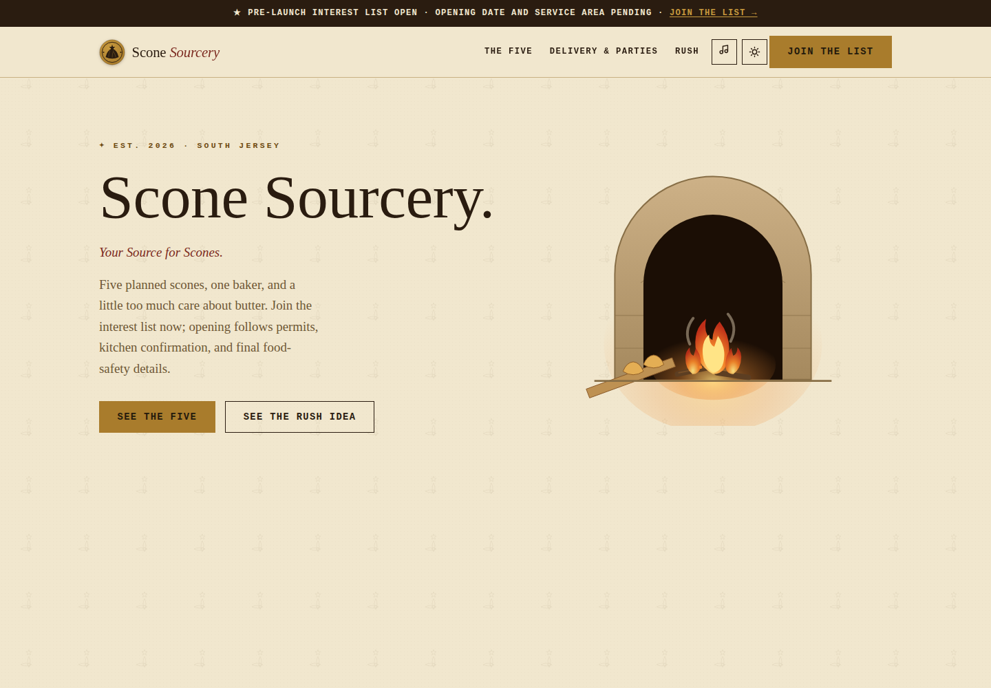 The current Scone Sourcery homepage in a warm parchment palette, with an illustrated wood-fired oven and clear calls to explore the menu.